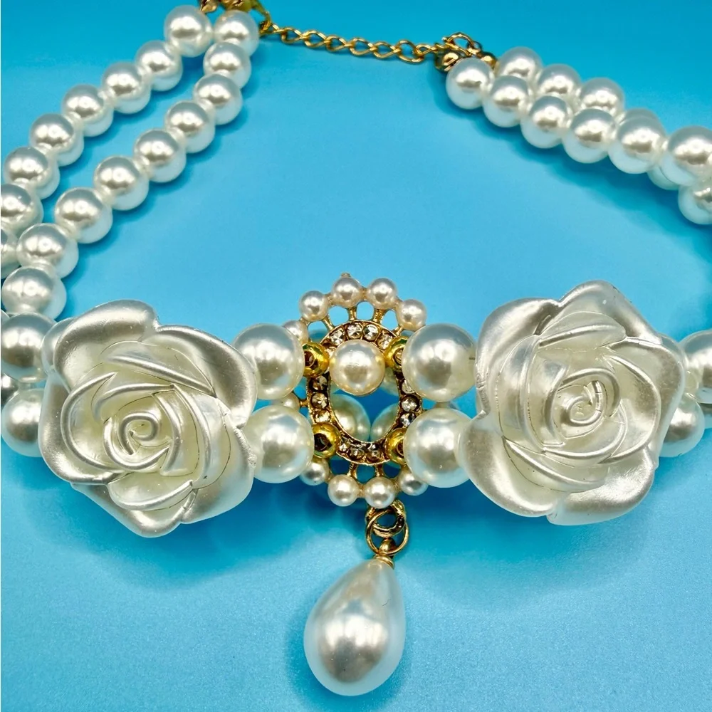Pearl Rose Dog Collar Small Adjustable Bridal Pet Necklace